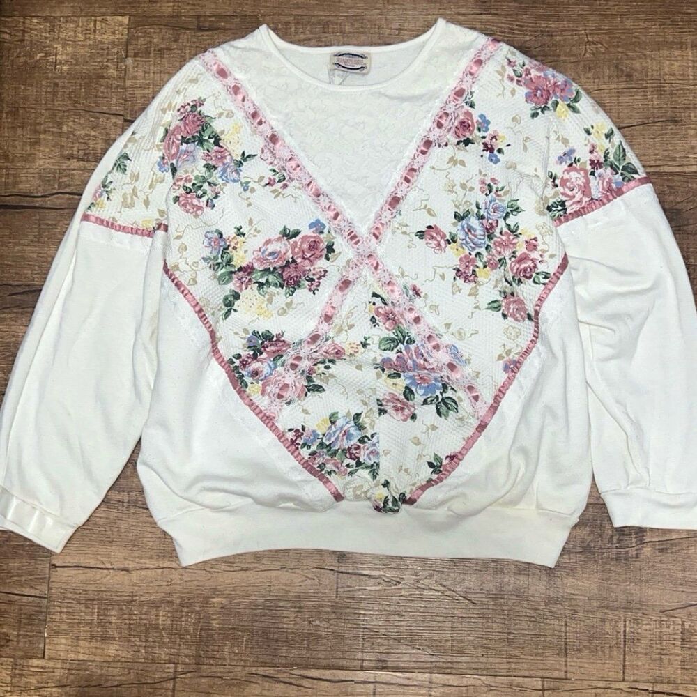 Vintage shabby chic coquette lace floral patchwork crewneck sweatshirt